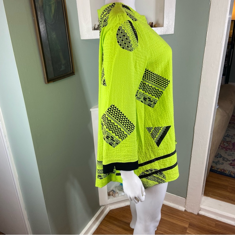 Ali Miles Popover Neon Yellow Black Geometric Patterned Tunic Blouse Shirt Top M - Picture 8 of 10